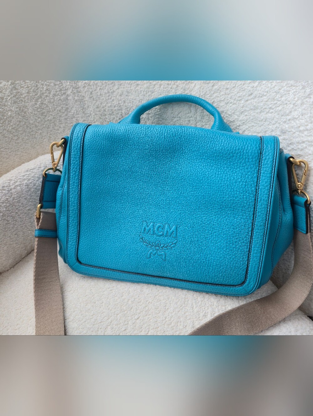 MCM Turquoise Leather Top Handle Crossbody Messenger Bag